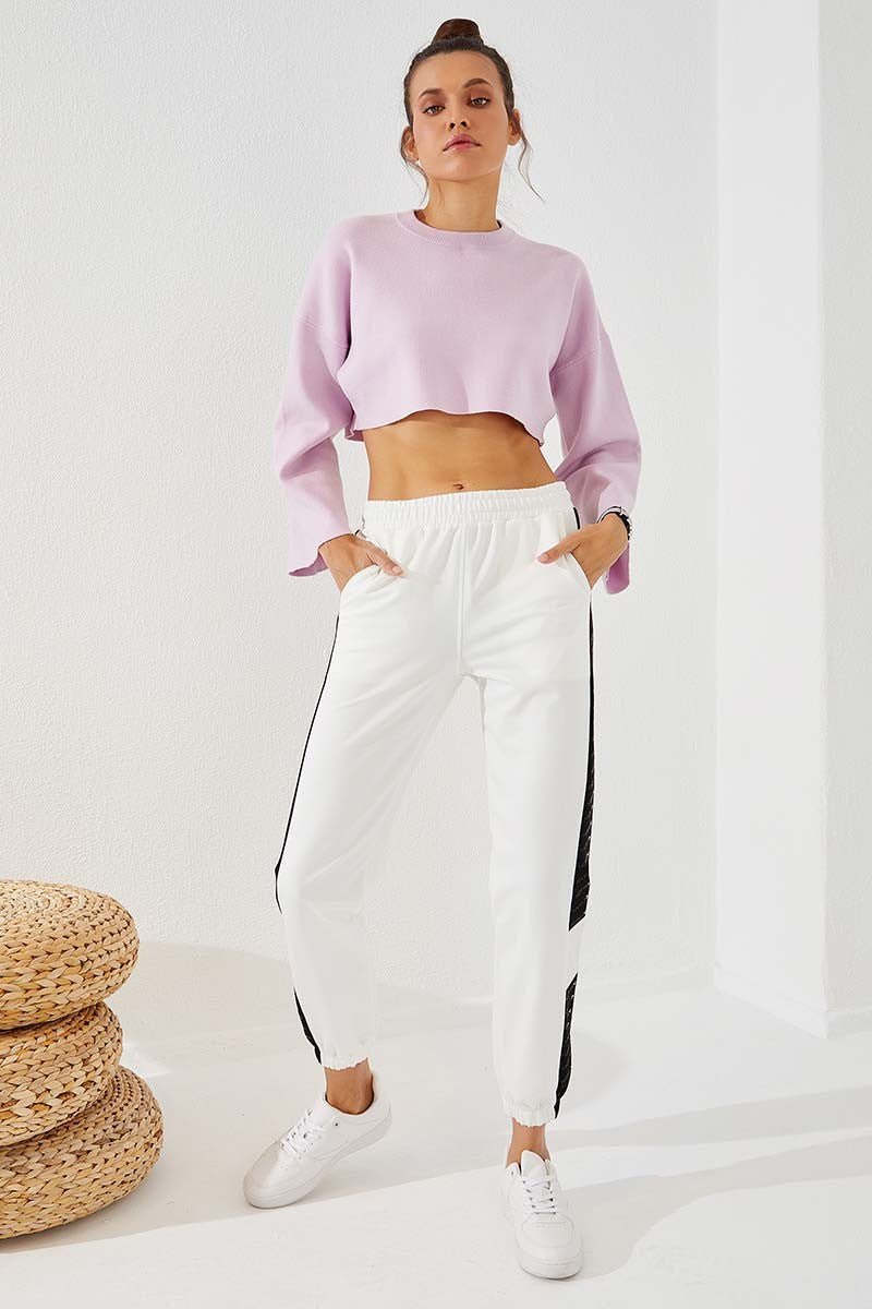 TMY Ecru Dotted Stripe Detailed Jogger Comfort Fit Elastic Cuff Women's Sweatpants - 94579 - Gießen