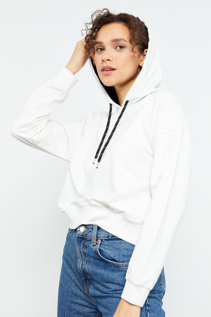 TMY Ecru Long Sleeve Comfortable Fit Hooded Women's Sweatshirt - 97115 - Caerdydd