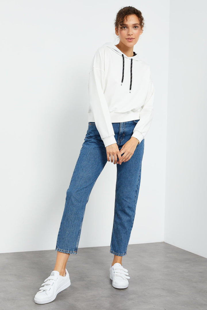 TMY Ecru Long Sleeve Comfortable Fit Hooded Women's Sweatshirt - 97115 - Caerdydd