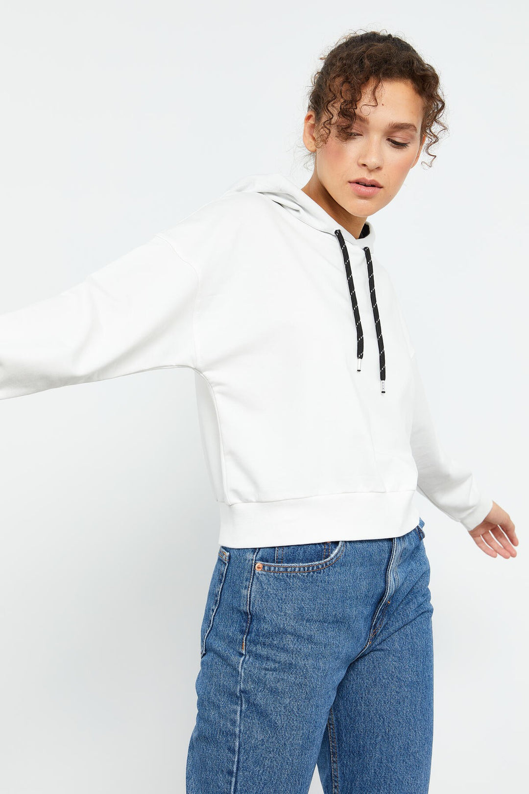 TMY Ecru Long Sleeve Comfortable Fit Hooded Women's Sweatshirt - 97115 - Caerdydd