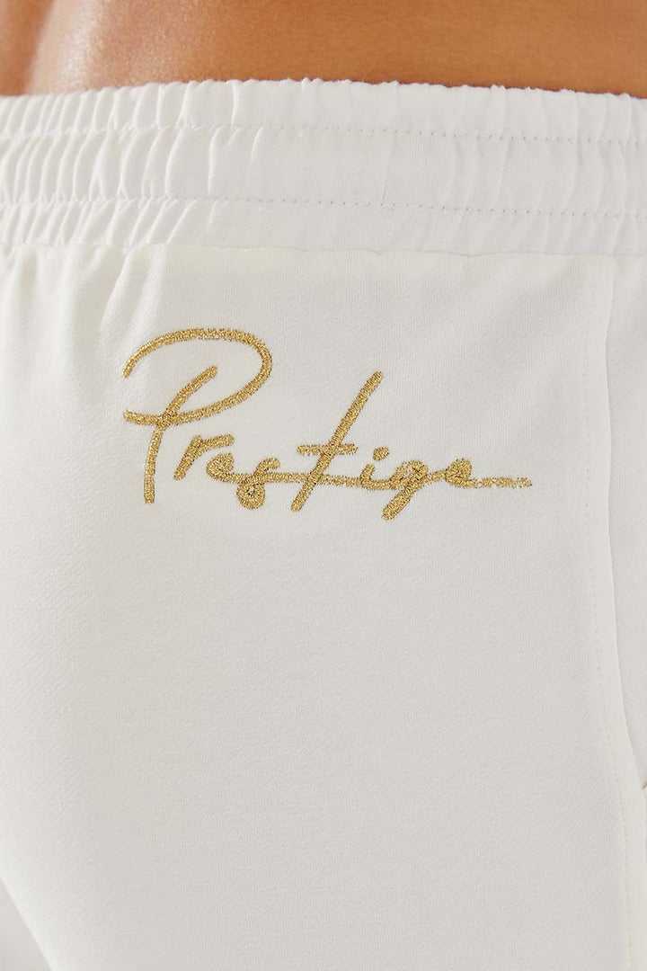 TMY Ecru Writing Embroidered Jogger Comfortable Fit Cuffed Women's Sweatpants - 94578 - Brest