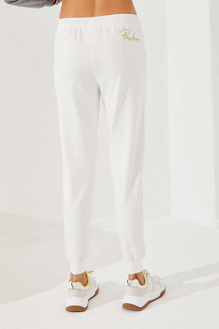 TMY Ecru Writing Embroidered Jogger Comfortable Fit Cuffed Women's Sweatpants - 94578 - Brest
