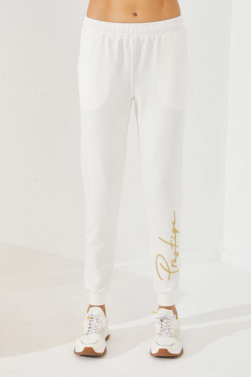 TMY Ecru Writing Embroidered Jogger Comfortable Fit Cuffed Women's Sweatpants - 94578 - Brest