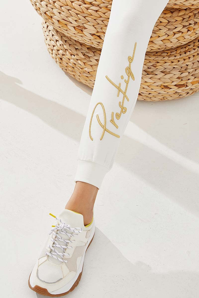 TMY Ecru Writing Embroidered Jogger Comfortable Fit Cuffed Women's Sweatpants - 94578 - Brest