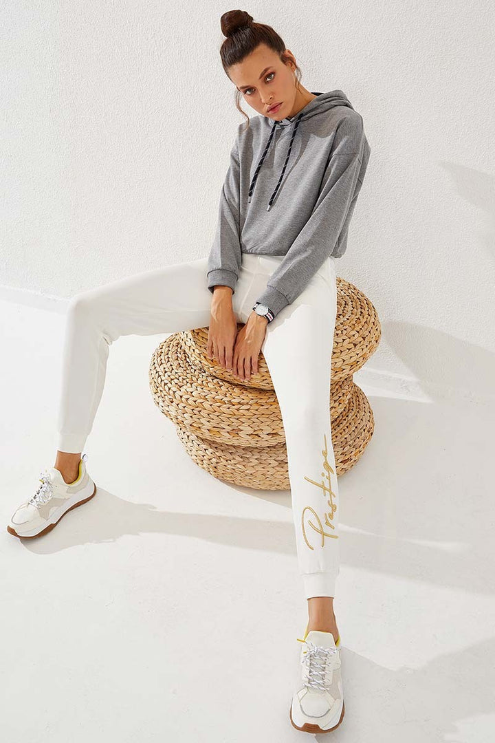 TMY Ecru Writing Embroidered Jogger Comfortable Fit Cuffed Women's Sweatpants - 94578 - Brest