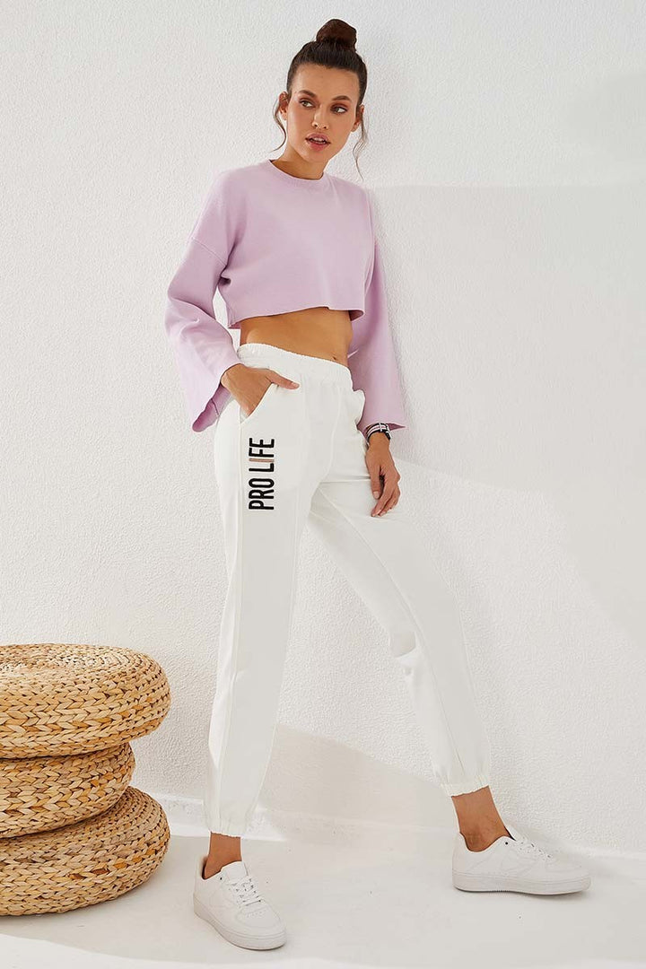 TMY Ecru Writing Embroidered Comfortable Fit Elastic Cuff Women's Sweatpants - 94571 - Suffolk