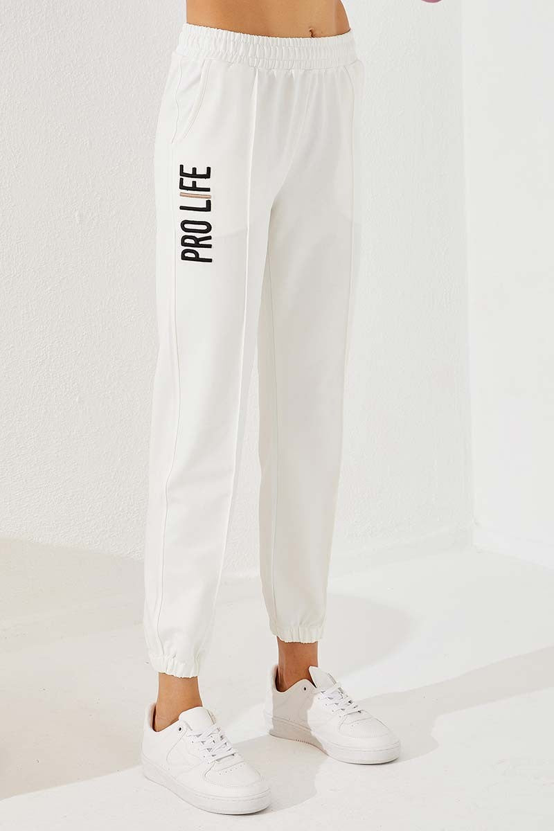 TMY Ecru Writing Embroidered Comfortable Fit Elastic Cuff Women's Sweatpants - 94571 - Suffolk