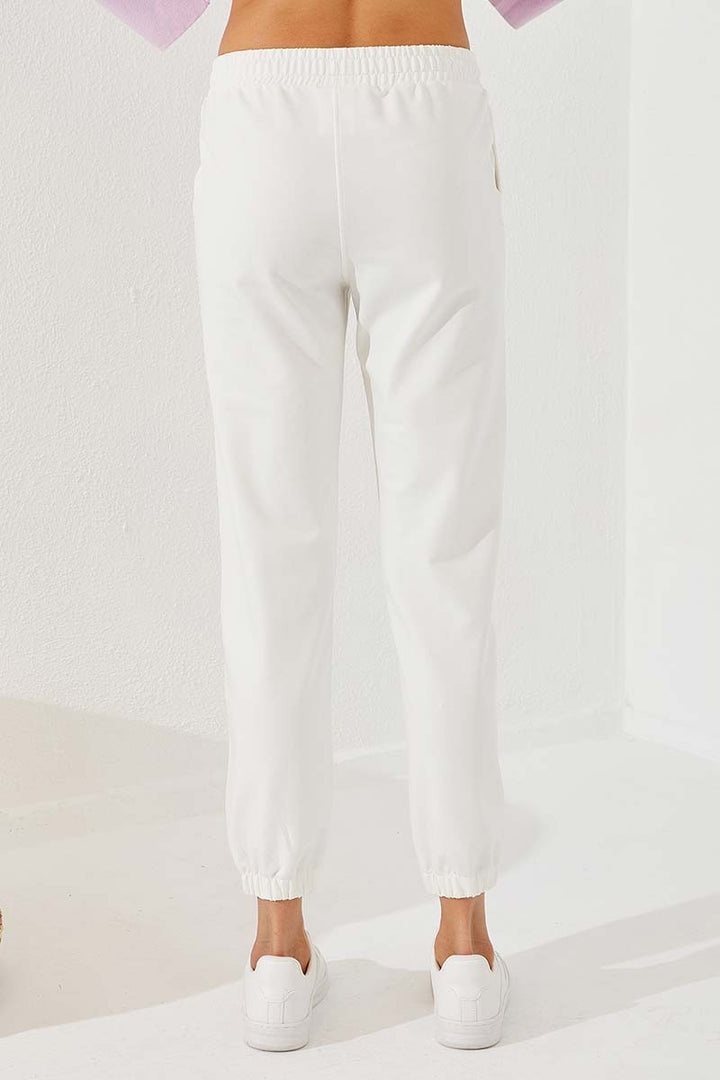 TMY Ecru Writing Embroidered Comfortable Fit Elastic Cuff Women's Sweatpants - 94571 - Suffolk