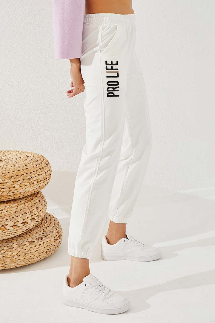 TMY Ecru Writing Embroidered Comfortable Fit Elastic Cuff Women's Sweatpants - 94571 - Suffolk