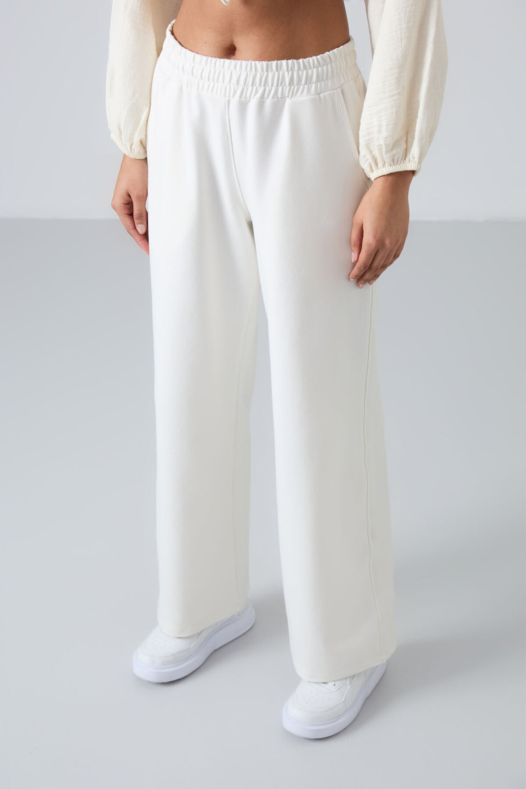 TMY Ecru High Waisted Pocketed Comfort Fit Wide Leg Women's Sweatpants - 94567 - Dothan