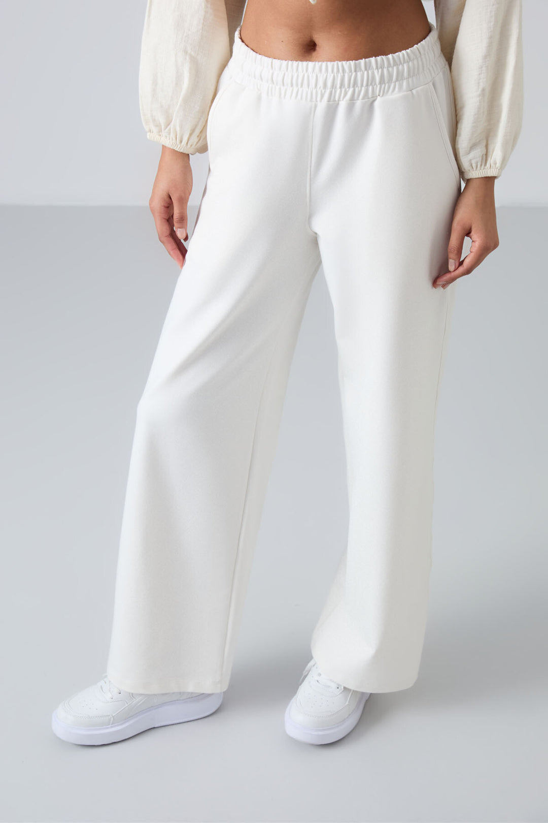 TMY Ecru High Waisted Pocketed Comfort Fit Wide Leg Women's Sweatpants - 94567 - Dothan