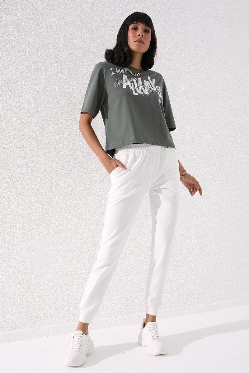 TMY Ecru High Waist Jogger Comfort Fit Cuffed Women's Sweatpants - 94561 - Columbus