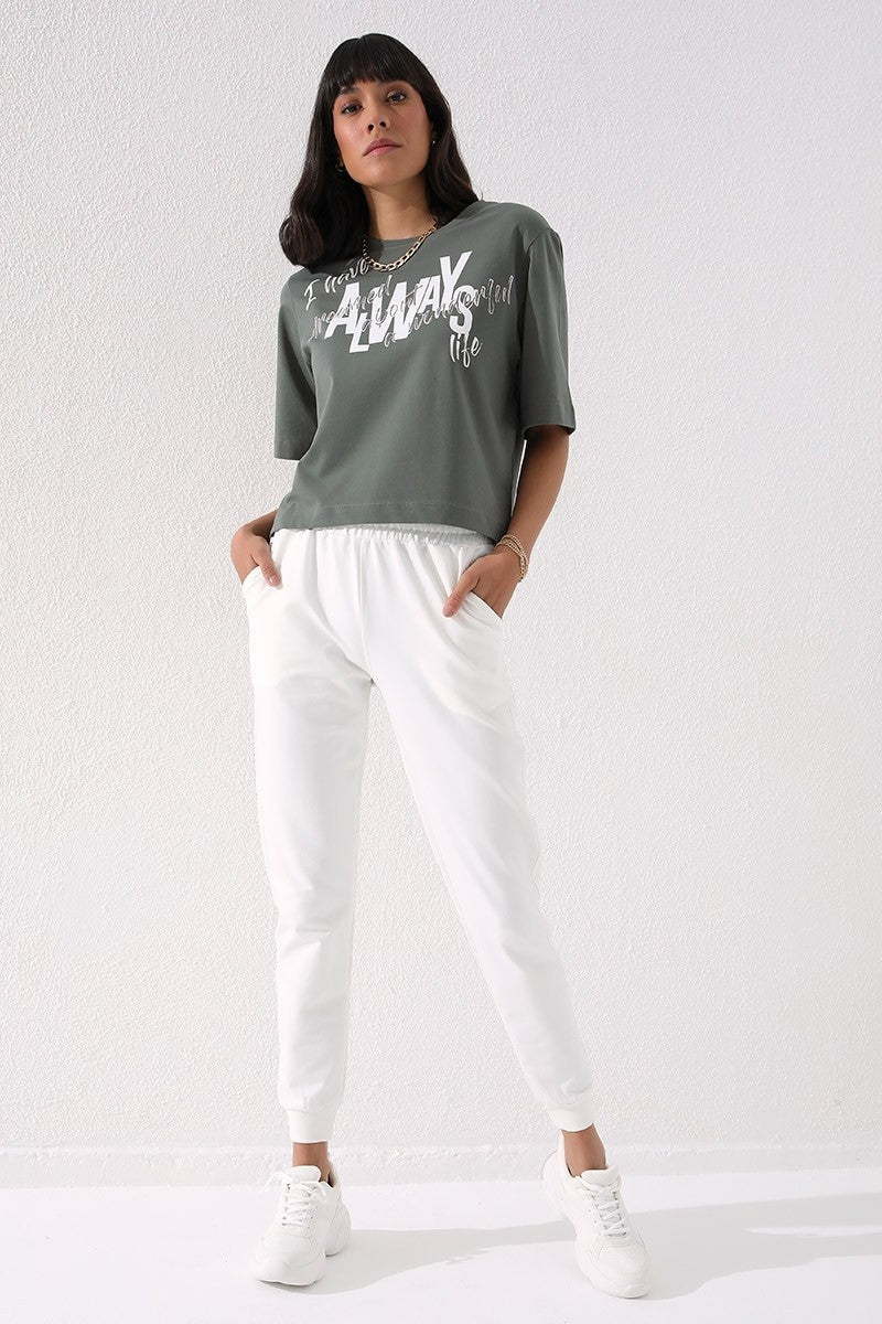 TMY Ecru High Waist Jogger Comfort Fit Cuffed Women's Sweatpants - 94561 - Columbus