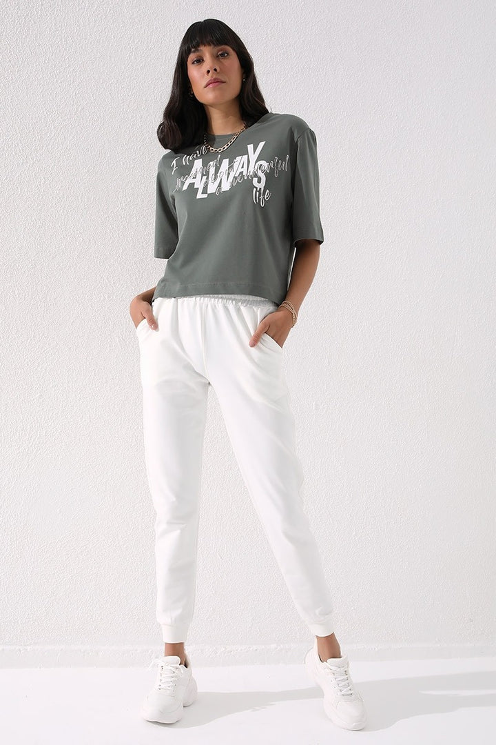 TMY Ecru High Waist Jogger Comfort Fit Cuffed Women's Sweatpants - 94561 - Columbus