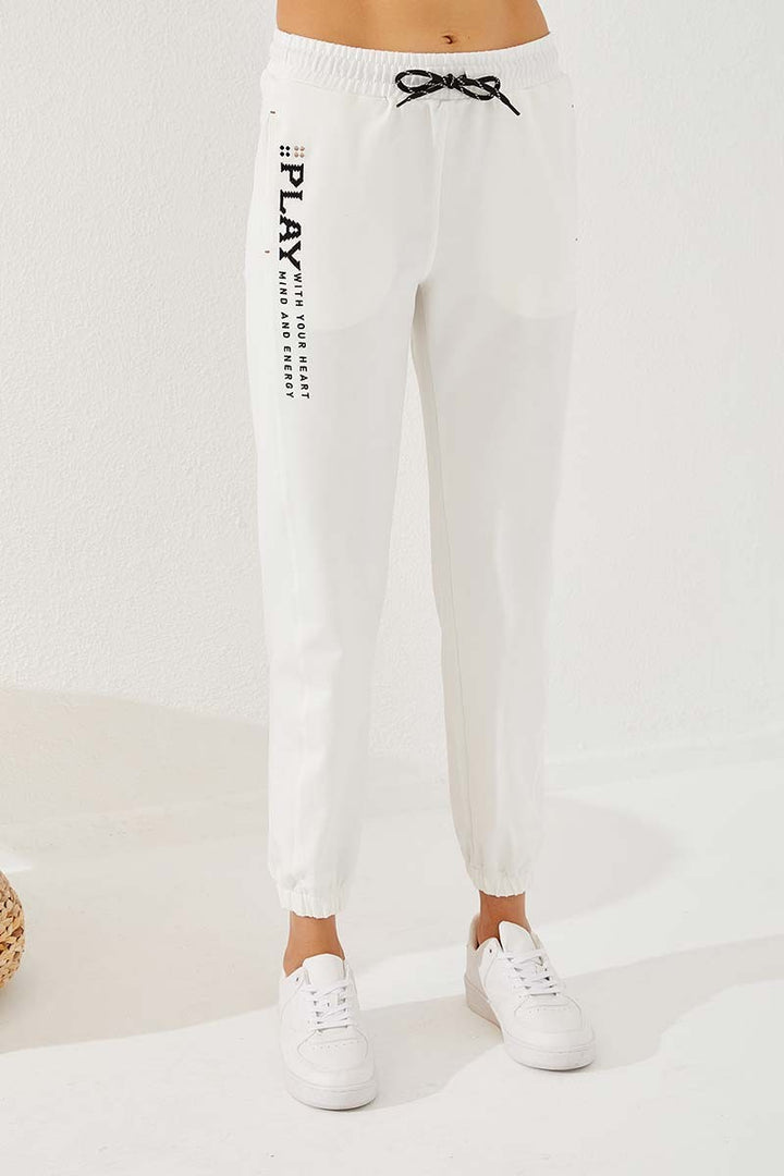 TMY Ecru High Waisted Embroidered Comfort Fit Elastic Cuff Women's Sweatpants - 94573 - Rossano