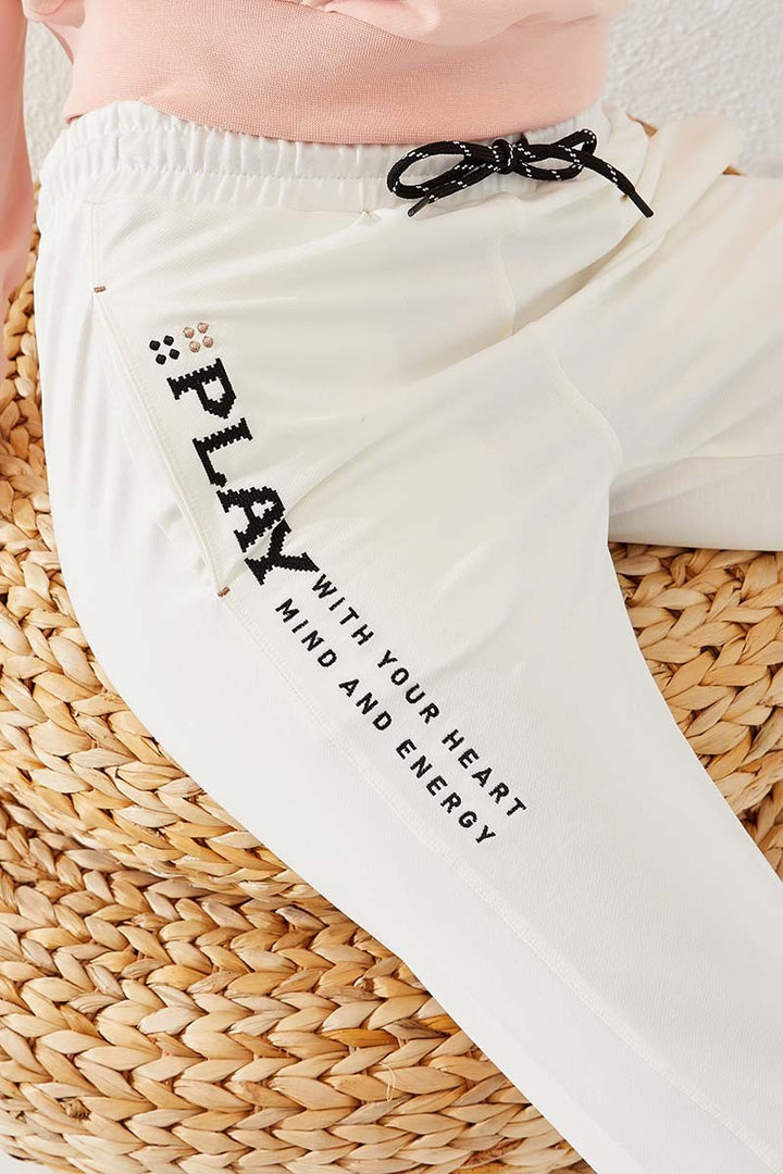 TMY Ecru High Waisted Embroidered Comfort Fit Elastic Cuff Women's Sweatpants - 94573 - Rossano