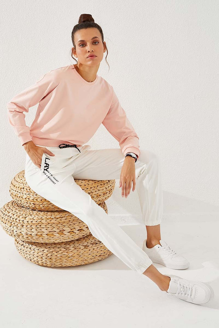 TMY Ecru High Waisted Embroidered Comfort Fit Elastic Cuff Women's Sweatpants - 94573 - Rossano