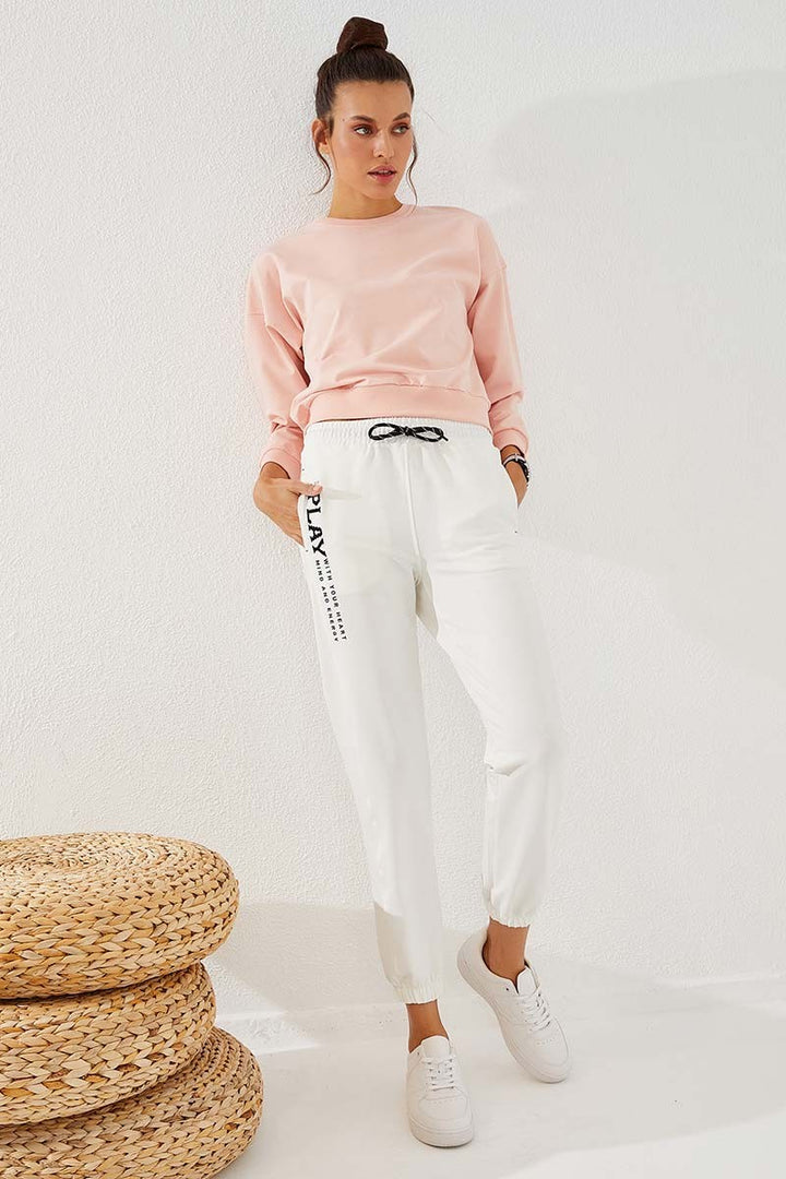 TMY Ecru High Waisted Embroidered Comfort Fit Elastic Cuff Women's Sweatpants - 94573 - Rossano