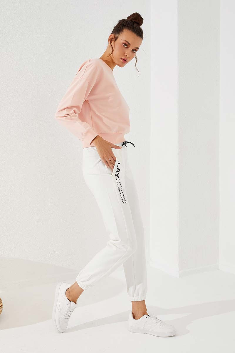 TMY Ecru High Waisted Embroidered Comfort Fit Elastic Cuff Women's Sweatpants - 94573 - Rossano