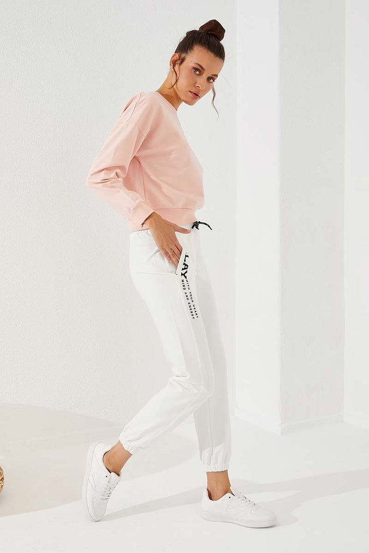 TMY Ecru High Waisted Embroidered Comfort Fit Elastic Cuff Women's Sweatpants - 94573 - Rossano