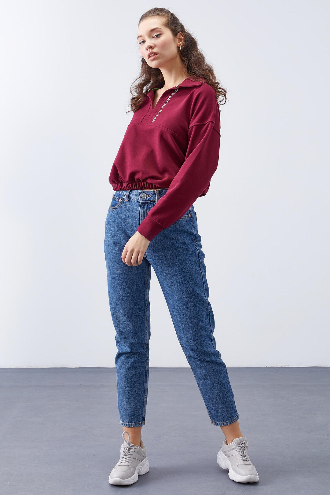 TMY Purple Polo Neck Hem Ruffled Women's Oversized Sweatshirt - 97180 - Indio