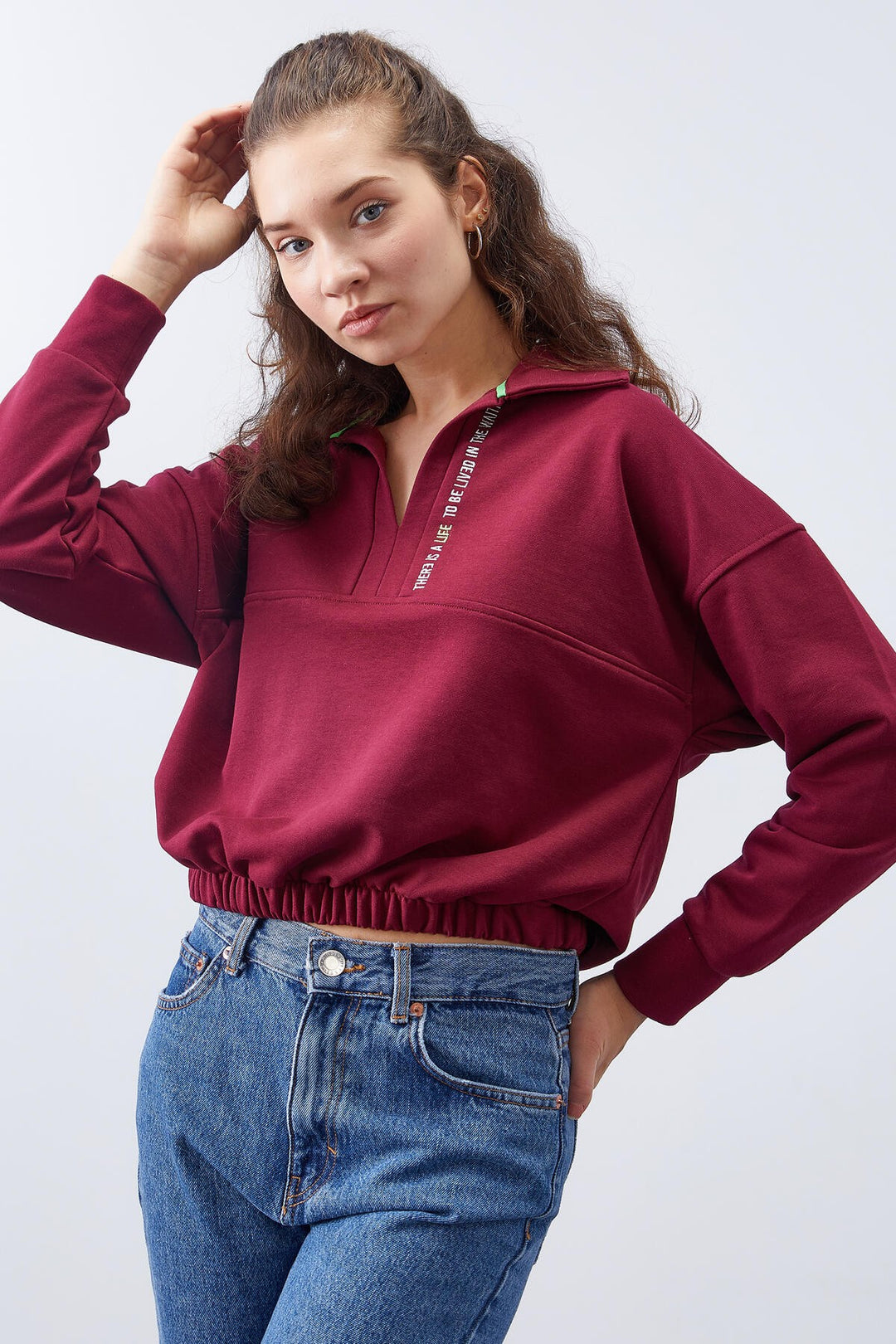 TMY Purple Polo Neck Hem Ruffled Women's Oversized Sweatshirt - 97180 - Indio