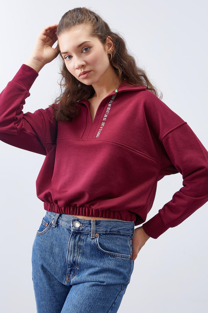 TMY Purple Polo Neck Hem Ruffled Women's Oversized Sweatshirt - 97180 - Indio