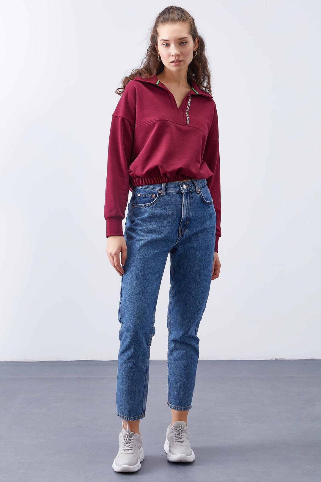 TMY Purple Polo Neck Hem Ruffled Women's Oversized Sweatshirt - 97180 - Indio