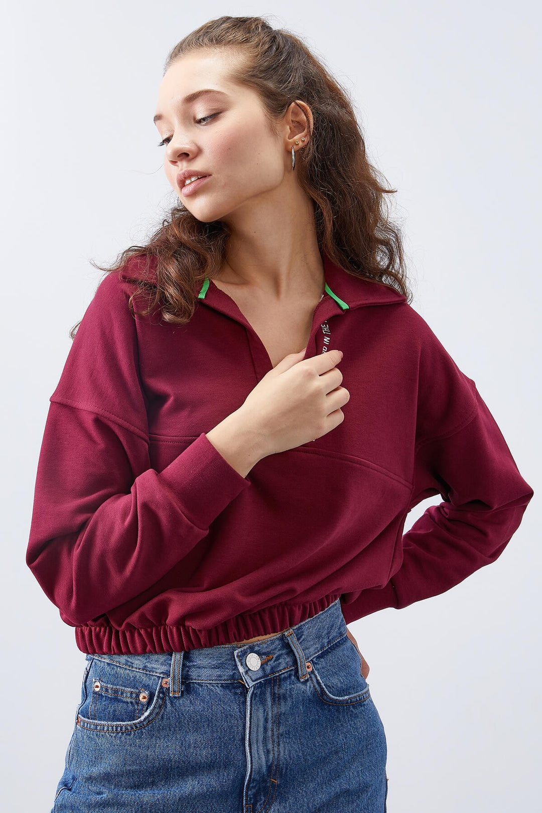 TMY Purple Polo Neck Hem Ruffled Women's Oversized Sweatshirt - 97180 - Indio