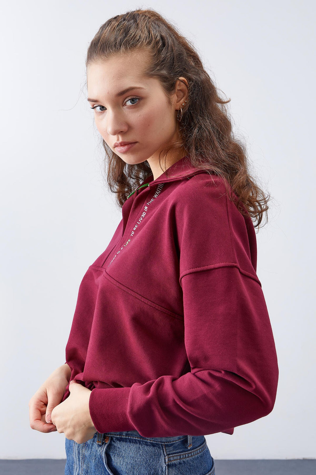 TMY Purple Polo Neck Hem Ruffled Women's Oversized Sweatshirt - 97180 - Indio
