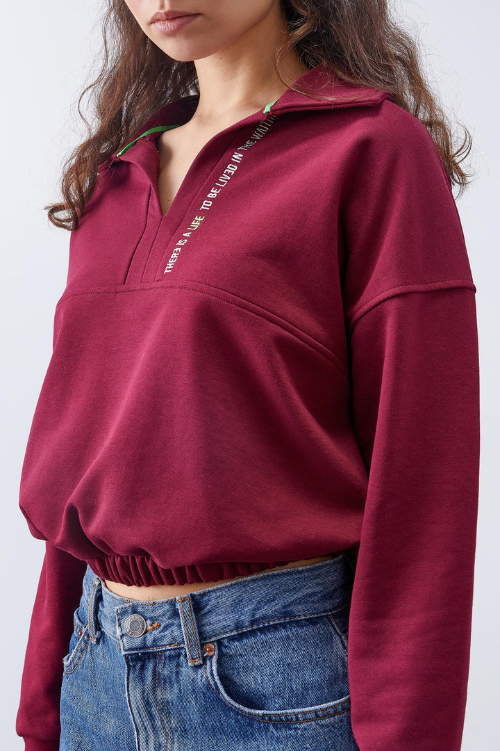 TMY Purple Polo Neck Hem Ruffled Women's Oversized Sweatshirt - 97180 - Indio