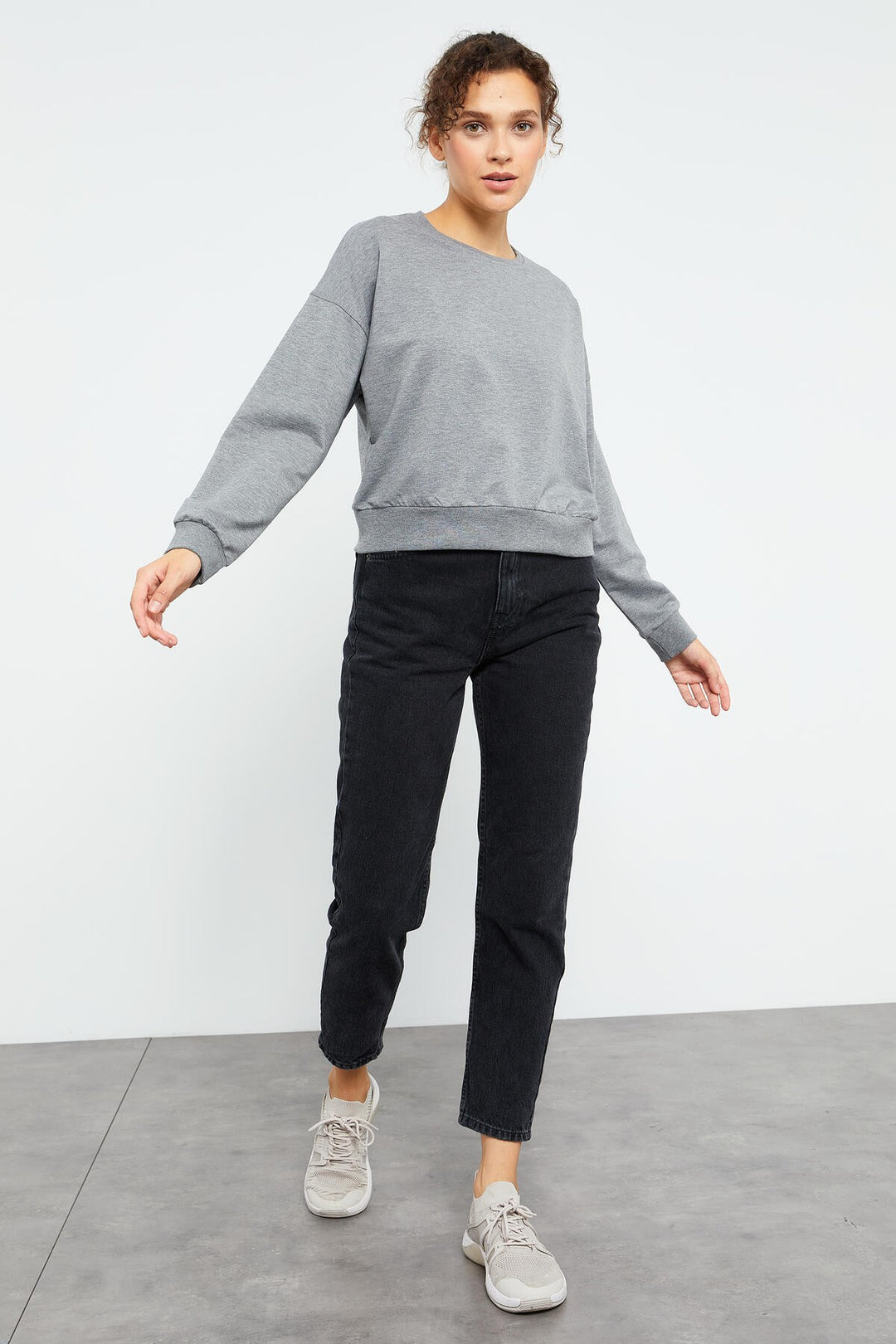TMY Gray Melange Basic Comfort Fit Round Neck Women's Sweatshirt - 97114 - Warwick