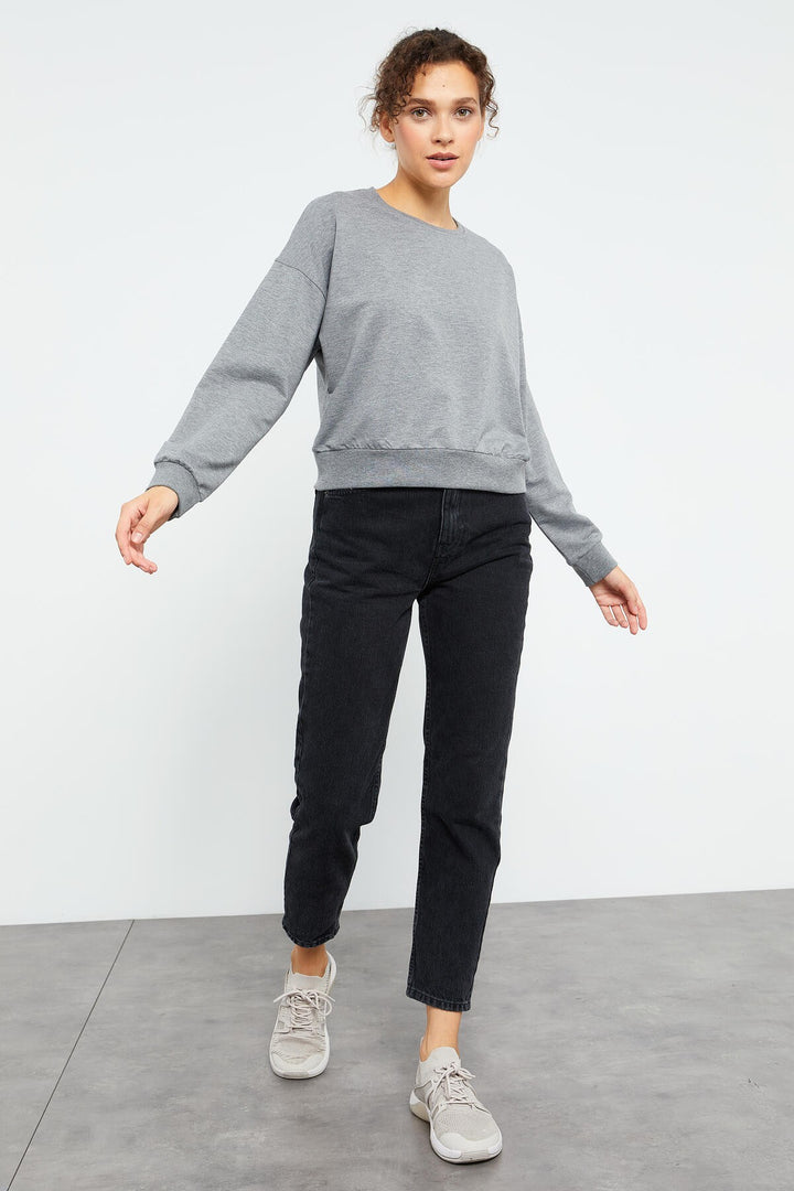 TMY Gray Melange Basic Comfort Fit Round Neck Women's Sweatshirt - 97114 - Warwick