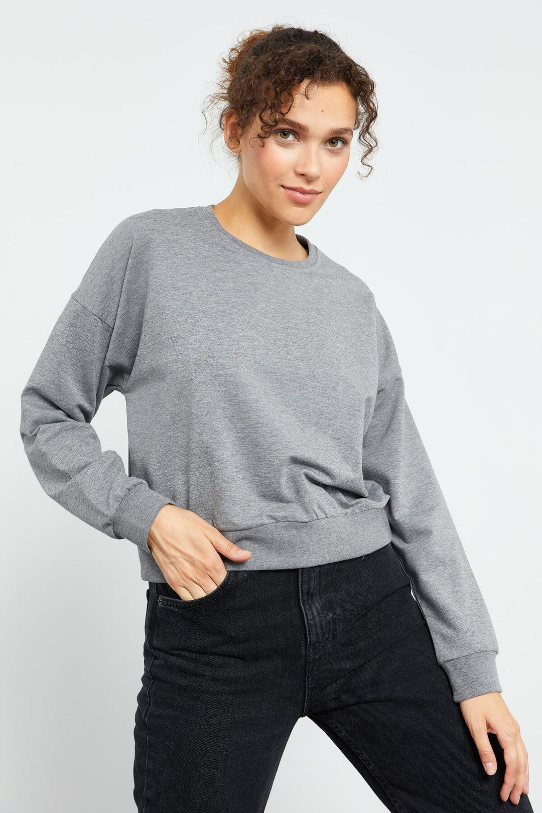 TMY Gray Melange Basic Comfort Fit Round Neck Women's Sweatshirt - 97114 - Warwick