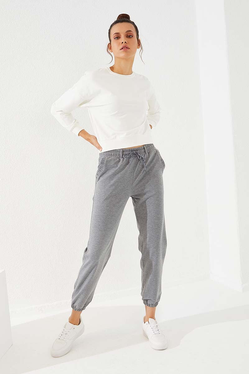 TMY Gray Melange Drawstring Pocketed Comfort Fit Elastic Cuff Women's Sweatpants - 94580 - San Ramon