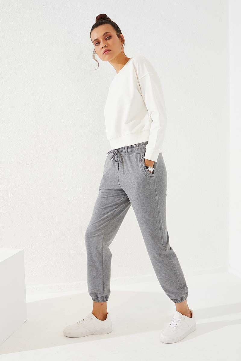 TMY Gray Melange Drawstring Pocketed Comfort Fit Elastic Cuff Women's Sweatpants - 94580 - San Ramon
