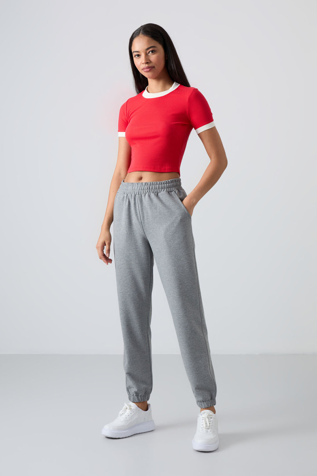 TMY Gray Melange Pocket High Waist Comfort Fit Elastic Cuff Women's Sweatpants - 94583 - Wolfsburg