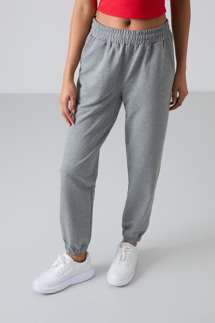TMY Gray Melange Pocket High Waist Comfort Fit Elastic Cuff Women's Sweatpants - 94583 - Wolfsburg