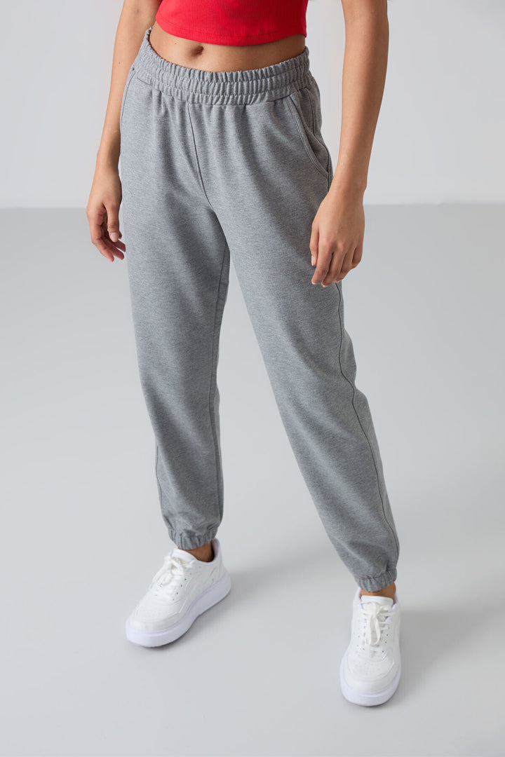 TMY Gray Melange Pocket High Waist Comfort Fit Elastic Cuff Women's Sweatpants - 94583 - Wolfsburg