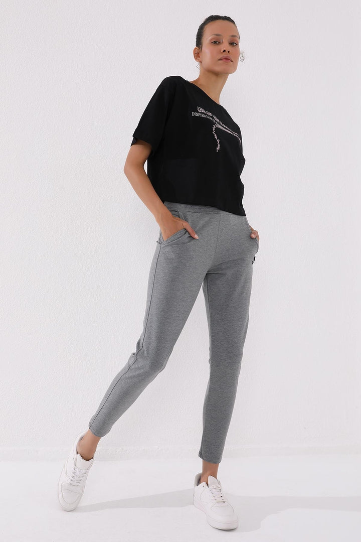 TMY Gray Melange Zippered Cuffed Pocketed Comfort Fit Women's Sweatpants - 94246 - Ocoyoacac