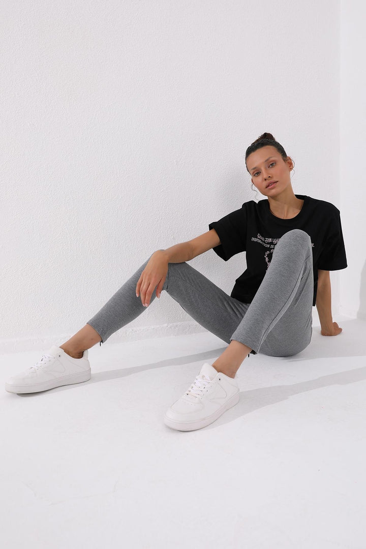 TMY Gray Melange Zippered Cuffed Pocketed Comfort Fit Women's Sweatpants - 94246 - Ocoyoacac