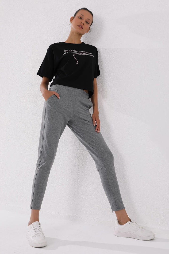 TMY Gray Melange Zippered Cuffed Pocketed Comfort Fit Women's Sweatpants - 94246 - Ocoyoacac