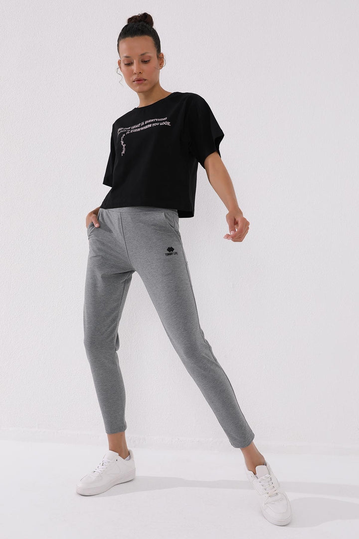 TMY Gray Melange Zippered Cuffed Pocketed Comfort Fit Women's Sweatpants - 94246 - Ocoyoacac