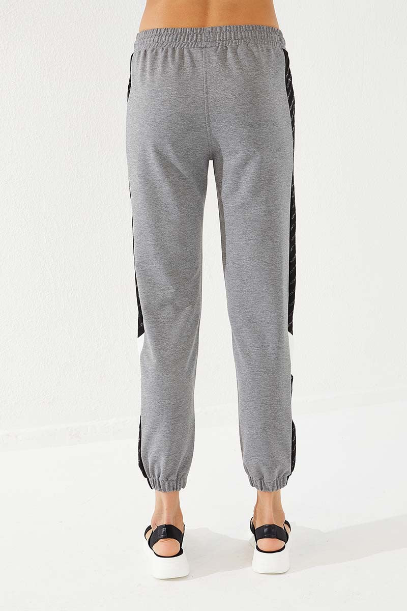TMY Gray Melange Dotted Striped Detailed Jogger Comfort Fit Elastic Cuff Women's Sweatpants - 94579 - Fairbanks