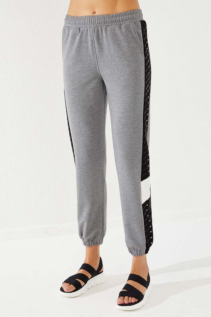 TMY Gray Melange Dotted Striped Detailed Jogger Comfort Fit Elastic Cuff Women's Sweatpants - 94579 - Fairbanks