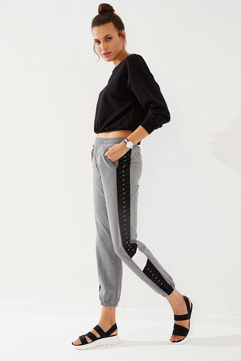 TMY Gray Melange Dotted Striped Detailed Jogger Comfort Fit Elastic Cuff Women's Sweatpants - 94579 - Fairbanks