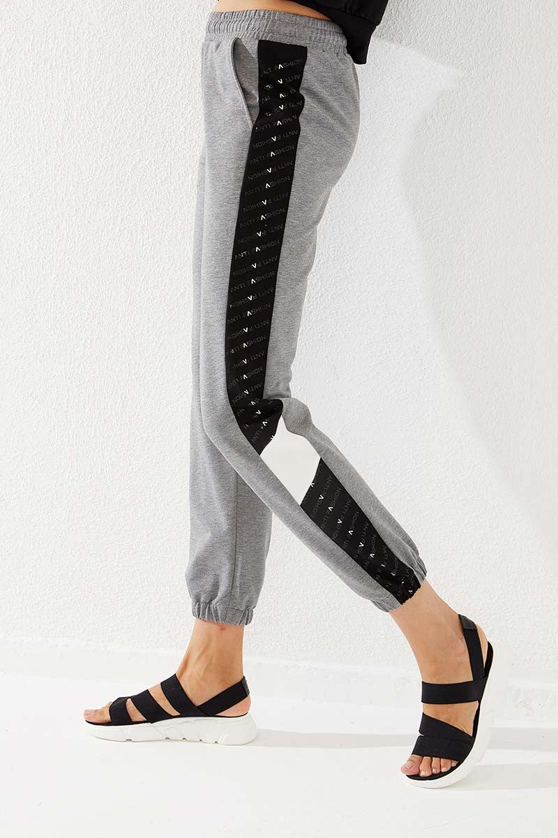 TMY Gray Melange Dotted Striped Detailed Jogger Comfort Fit Elastic Cuff Women's Sweatpants - 94579 - Fairbanks