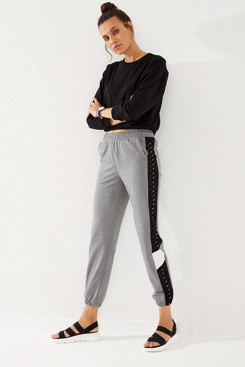 TMY Gray Melange Dotted Striped Detailed Jogger Comfort Fit Elastic Cuff Women's Sweatpants - 94579 - Fairbanks