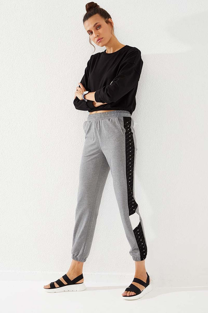 TMY Gray Melange Dotted Striped Detailed Jogger Comfort Fit Elastic Cuff Women's Sweatpants - 94579 - Fairbanks