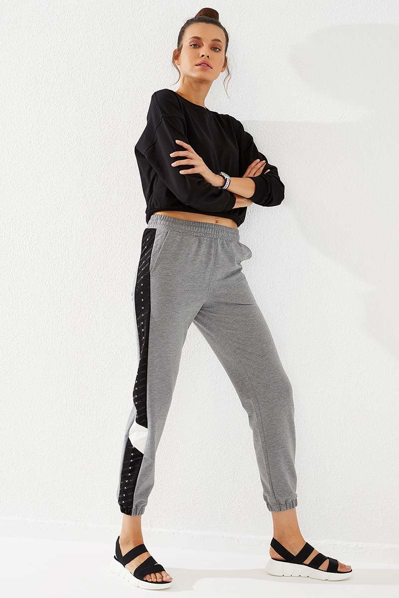 TMY Gray Melange Dotted Striped Detailed Jogger Comfort Fit Elastic Cuff Women's Sweatpants - 94579 - Fairbanks